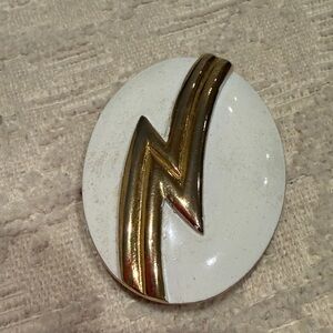 Monet VTG  Gold Lightning Bolt Zig Zag White Enamel Gold Tone Letter Brooch